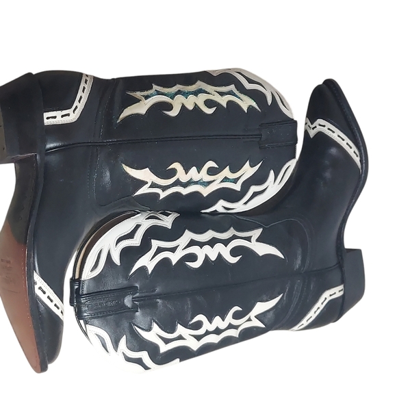 Boulet Black White Leather Glitter Overlays Pointed Toe Western Boots Women's - Picture 9 of 16